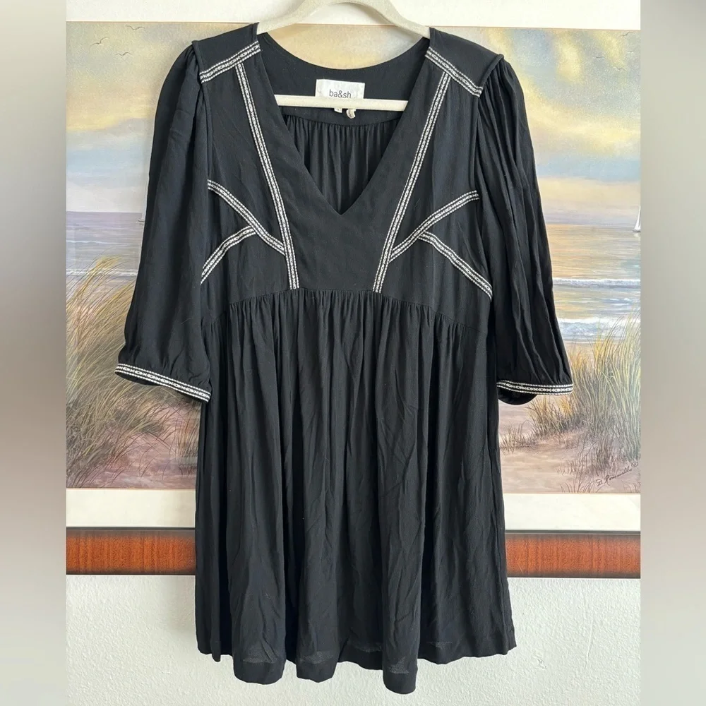 Ba&Sh Dress Alma Boho Embroidered V- Neck Mini Black S